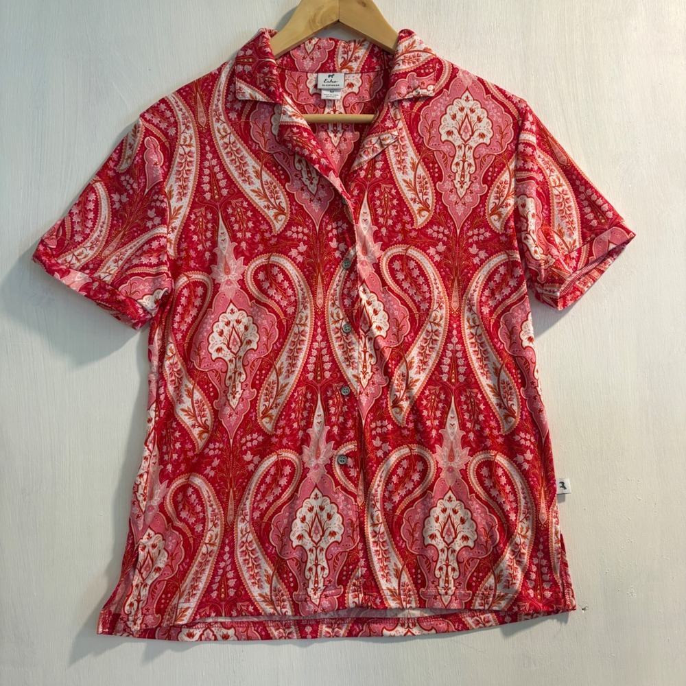 Echo Sleepwear Red Pink Paisley Button Down Pajama Top Short Sleeve Size M